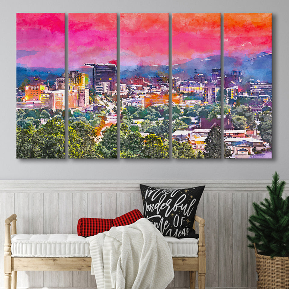 Asheville North Carolina Usa Twilight 5 Pieces Extra Large Canvas Prints Wall Art Home Decor
