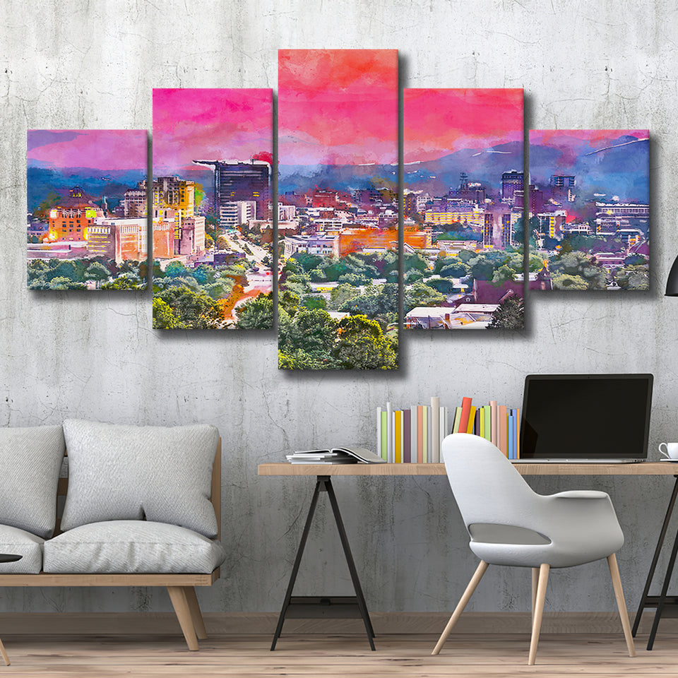 Asheville North Carolina Usa Twilight 5 Pieces Mixed Canvas Prints Wall Art Home Decor
