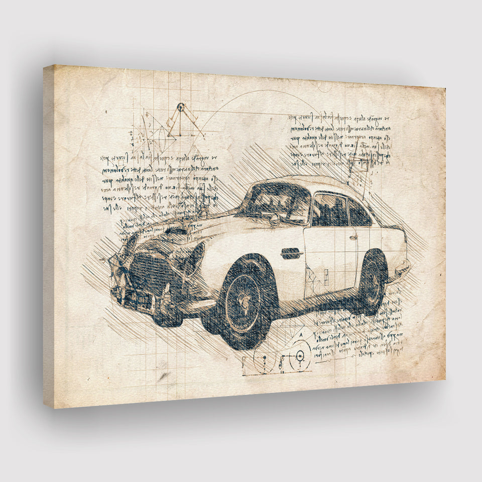 Aston Martin DB5  Da Vinci Style Canvas Prints - Painting Canvas, Wall Art,Old Car, Prints for Sale,Wal Decor, Home Decor