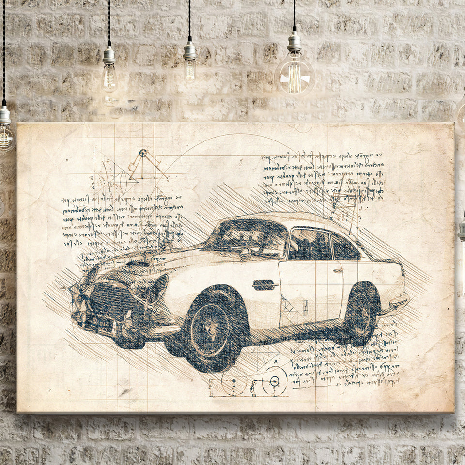 Aston Martin DB5  Da Vinci Style Canvas Prints - Painting Canvas, Wall Art,Old Car, Prints for Sale,Wal Decor, Home Decor