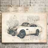 Aston Martin DB5  Da Vinci Style Canvas Prints - Painting Canvas, Wall Art,Old Car, Prints for Sale,Wal Decor, Home Decor