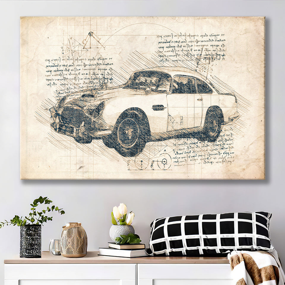 Aston Martin DB5  Da Vinci Style Canvas Prints - Painting Canvas, Wall Art,Old Car, Prints for Sale,Wal Decor, Home Decor