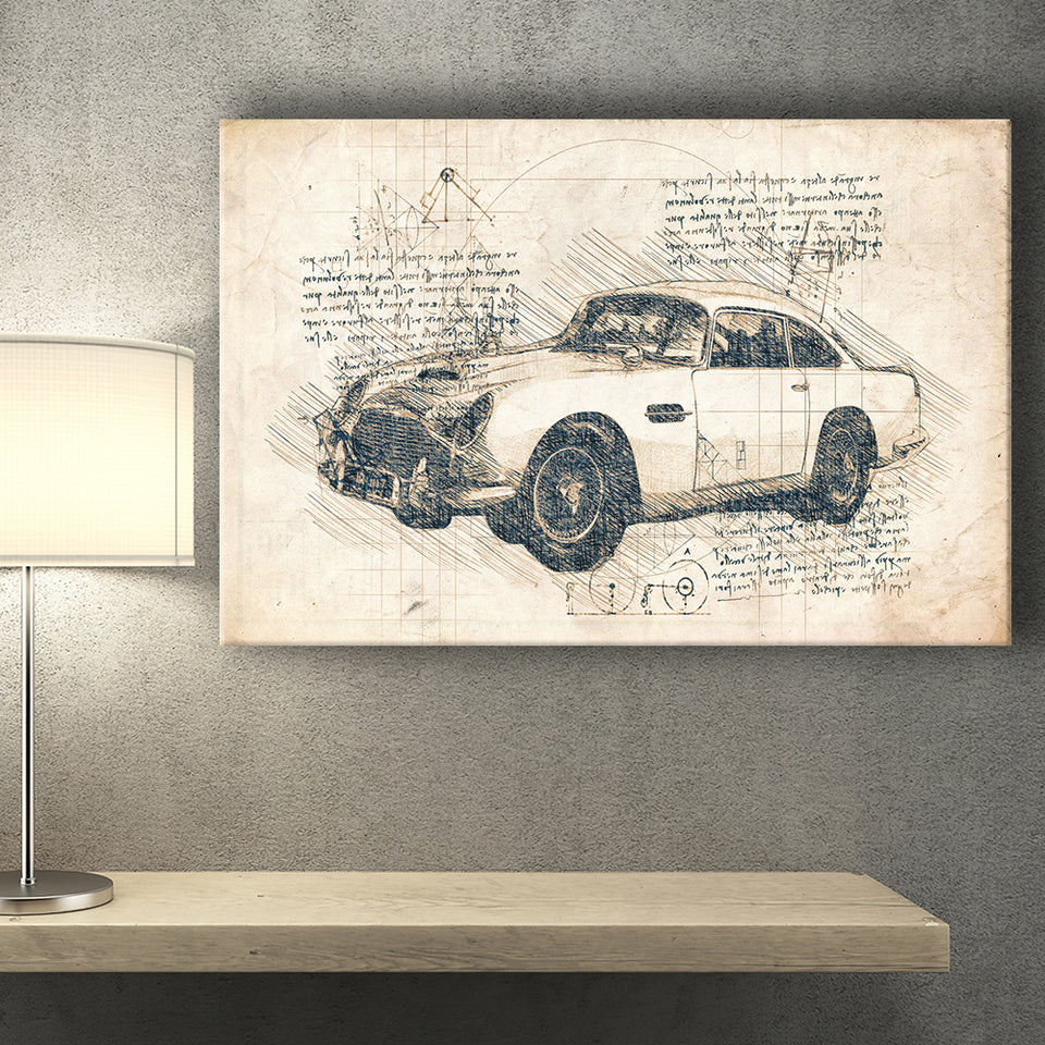 Aston Martin DB5  Da Vinci Style Canvas Prints - Painting Canvas, Wall Art,Old Car, Prints for Sale,Wal Decor, Home Decor