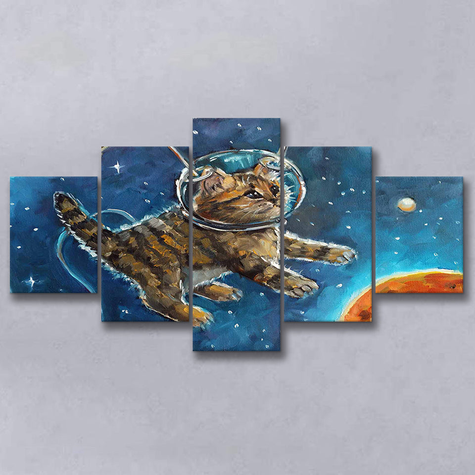 Astronaut Cat Painting, Cat Wall Art, Kids Room Art 5 Panels, Canvas Prints Wall Art Decor, Large Canvas Art