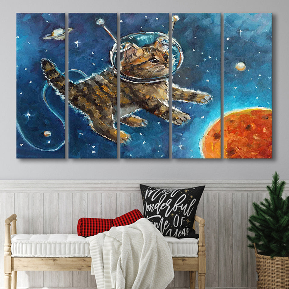Astronaut Cat Painting, Cat Wall Art, Kids Room Art Larger Canvas Art, 5 Piece Canvas Prints Wall Art Decor
