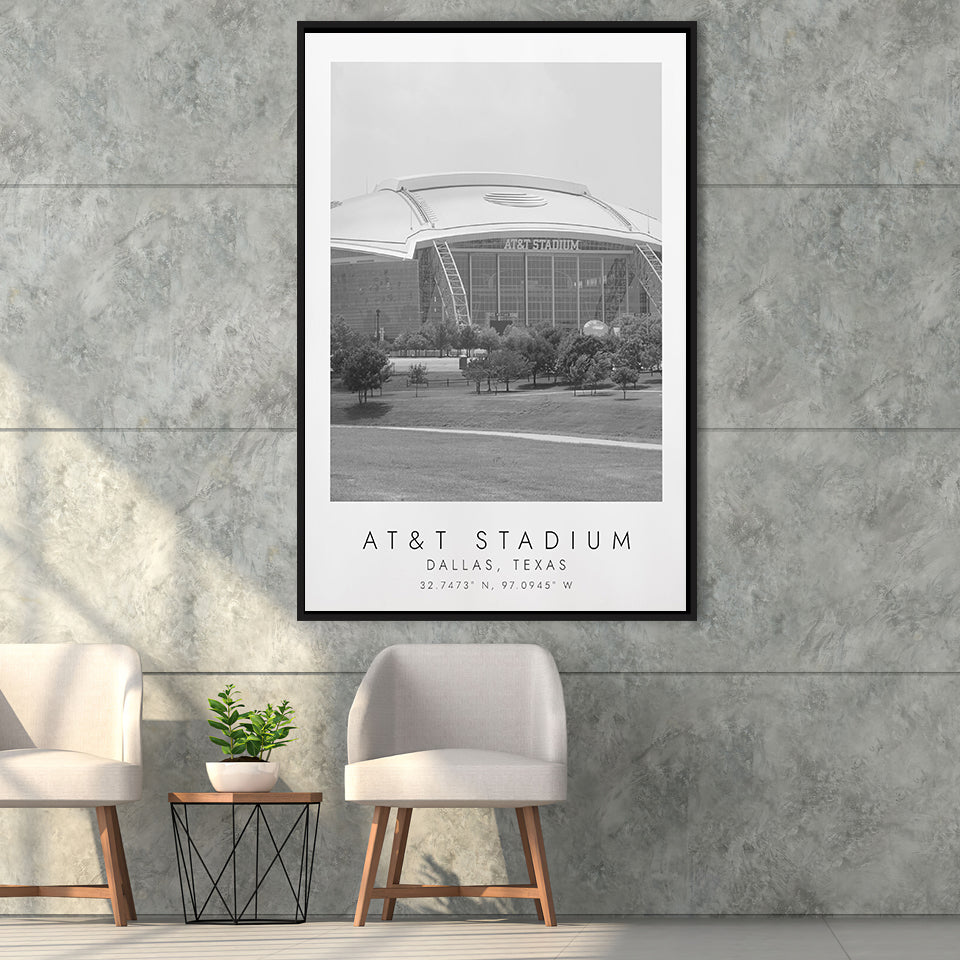 At&T Stadium Dallas Football Lovers Black And White Art Framed Canvas Prints Wall Art Home Decor, Floating Frame