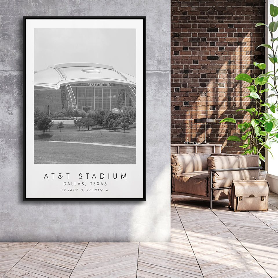 At&T Stadium Dallas Football Lovers Black And White Art Framed Canvas Prints Wall Art Home Decor, Floating Frame