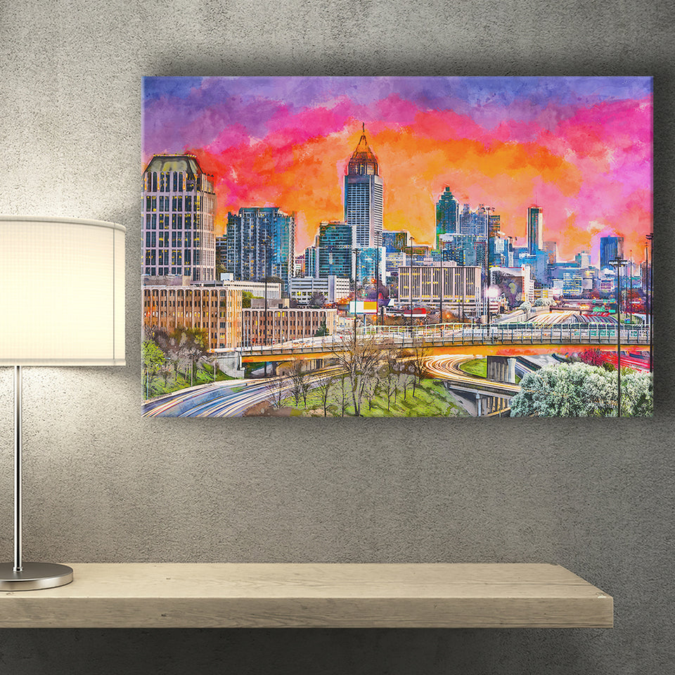 Atlanta Georgia Usa Downtown Skyline Dusk City Art Watercolor Canvas Prints Wall Art Home Decor, Large Canvas