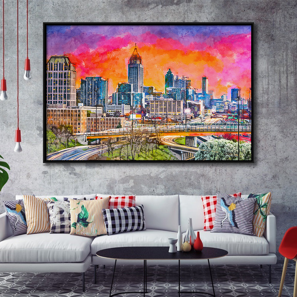 Atlanta Georgia Usa Downtown Skyline Dusk City Art Watercolor Framed Canvas Prints Wall Art Home Decor,Floating Frame