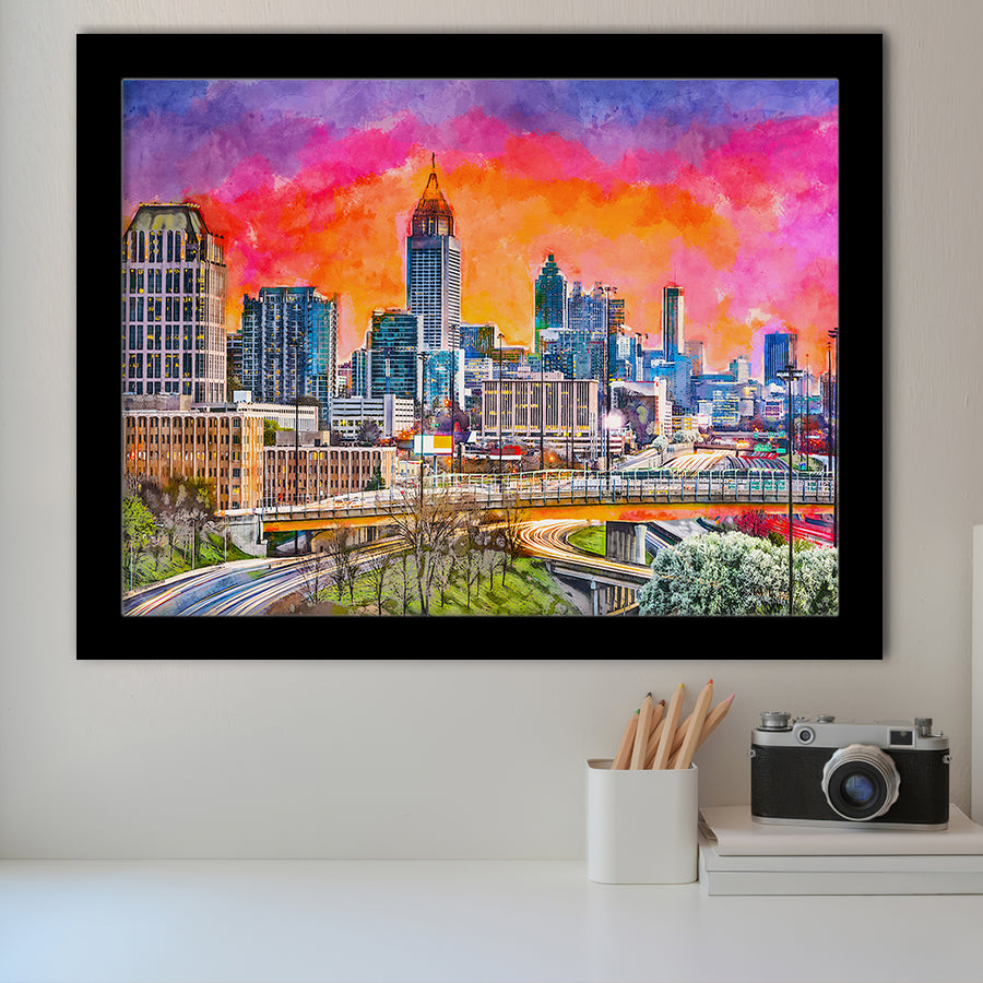 Atlanta Georgia Usa Downtown Skyline Dusk City Art Watercolor Framed Art Prints Wall Art Decor,Framed Picture