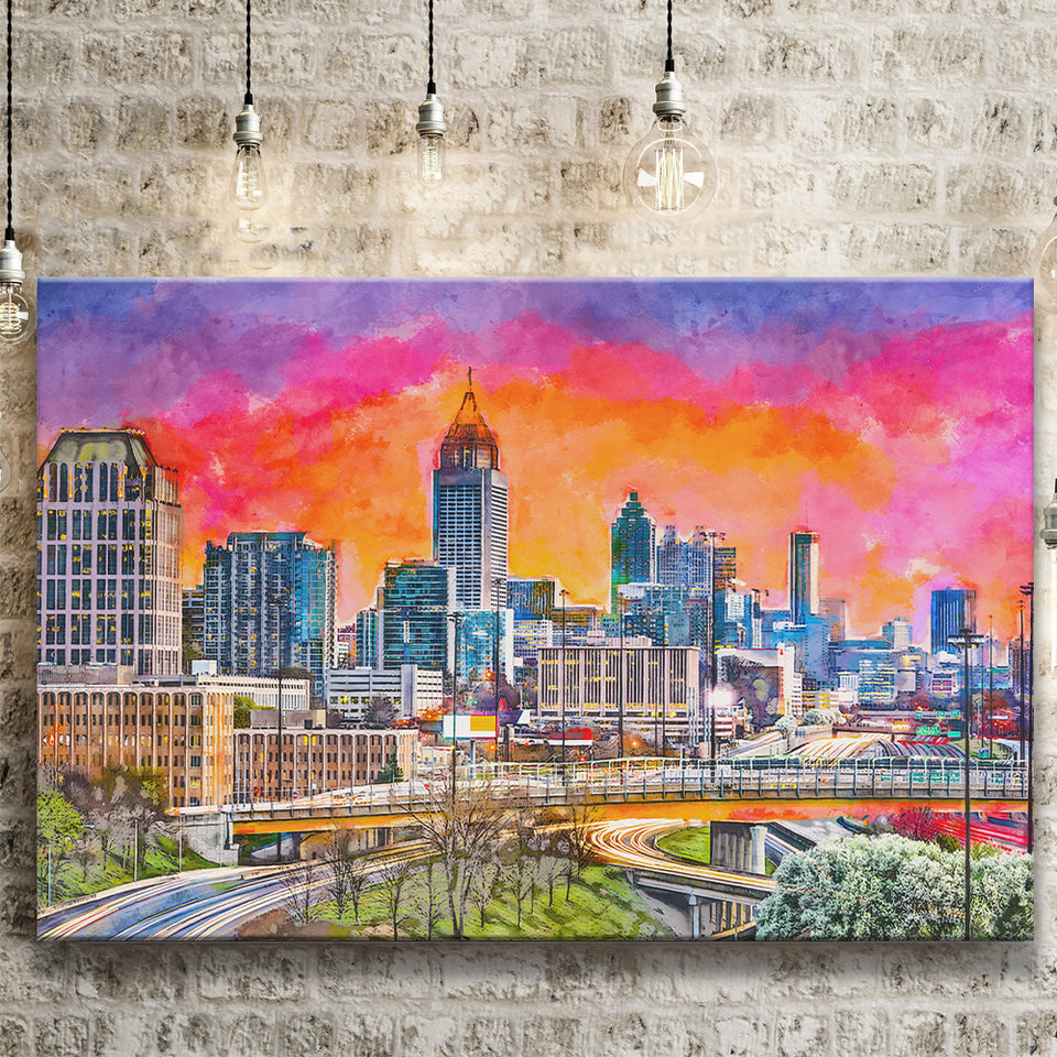 Atlanta Georgia Usa Downtown Skyline Dusk City Art Watercolor Canvas Prints Wall Art Home Decor, Large Canvas