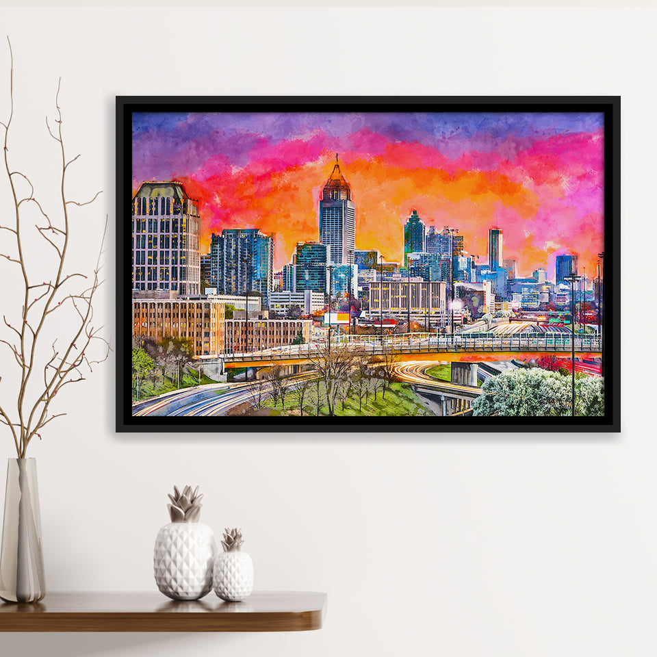 Atlanta Georgia Usa Downtown Skyline Dusk City Art Watercolor Framed Canvas Prints Wall Art Home Decor,Floating Frame