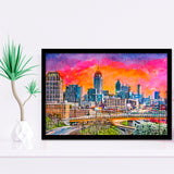 Atlanta Georgia Usa Downtown Skyline Dusk City Art Watercolor Framed Art Prints Wall Art Decor,Framed Picture