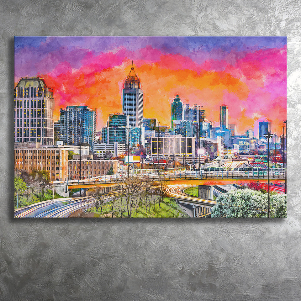Atlanta Georgia Usa Downtown Skyline Dusk City Art Watercolor Canvas Prints Wall Art Home Decor, Large Canvas