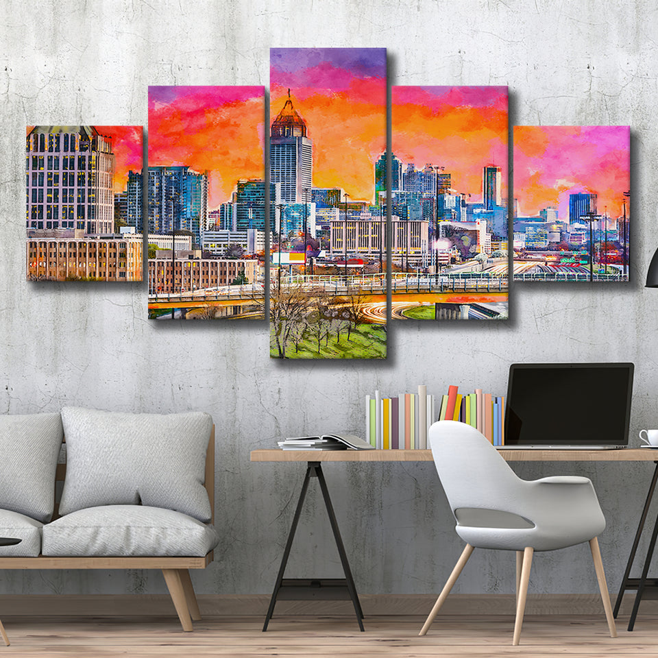 Atlanta Georgia Usa Downtown Skyline Dusk 5 Pieces Mixed Canvas Prints Wall Art Home Decor