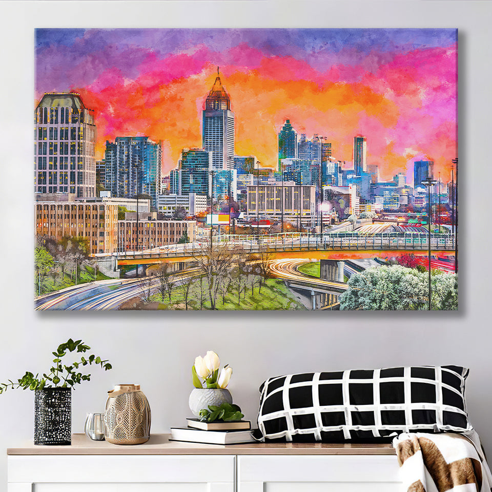 Atlanta Georgia Usa Downtown Skyline Dusk City Art Watercolor Canvas Prints Wall Art Home Decor, Large Canvas