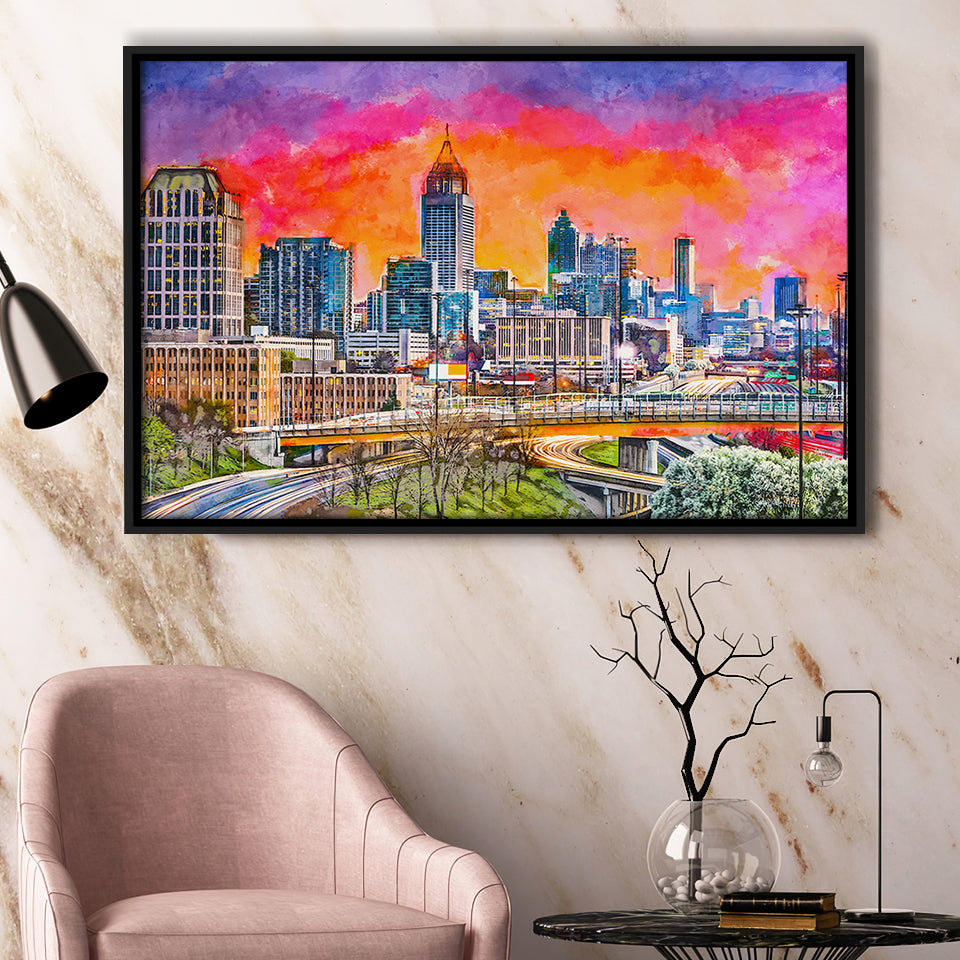 Atlanta Georgia Usa Downtown Skyline Dusk City Art Watercolor Framed Canvas Prints Wall Art Home Decor,Floating Frame