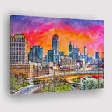 Atlanta Georgia Usa Downtown Skyline Dusk City Art Watercolor Canvas Prints Wall Art Home Decor, Large Canvas