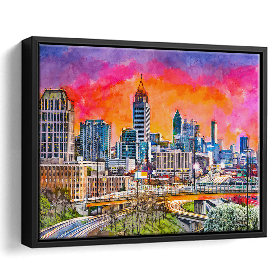 Atlanta Georgia Usa Downtown Skyline Dusk City Art Watercolor Framed Canvas Prints Wall Art Home Decor,Floating Frame