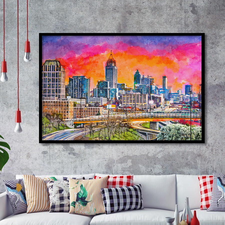 Atlanta Georgia Usa Downtown Skyline Dusk City Art Watercolor Framed Art Prints Wall Art Decor,Framed Picture