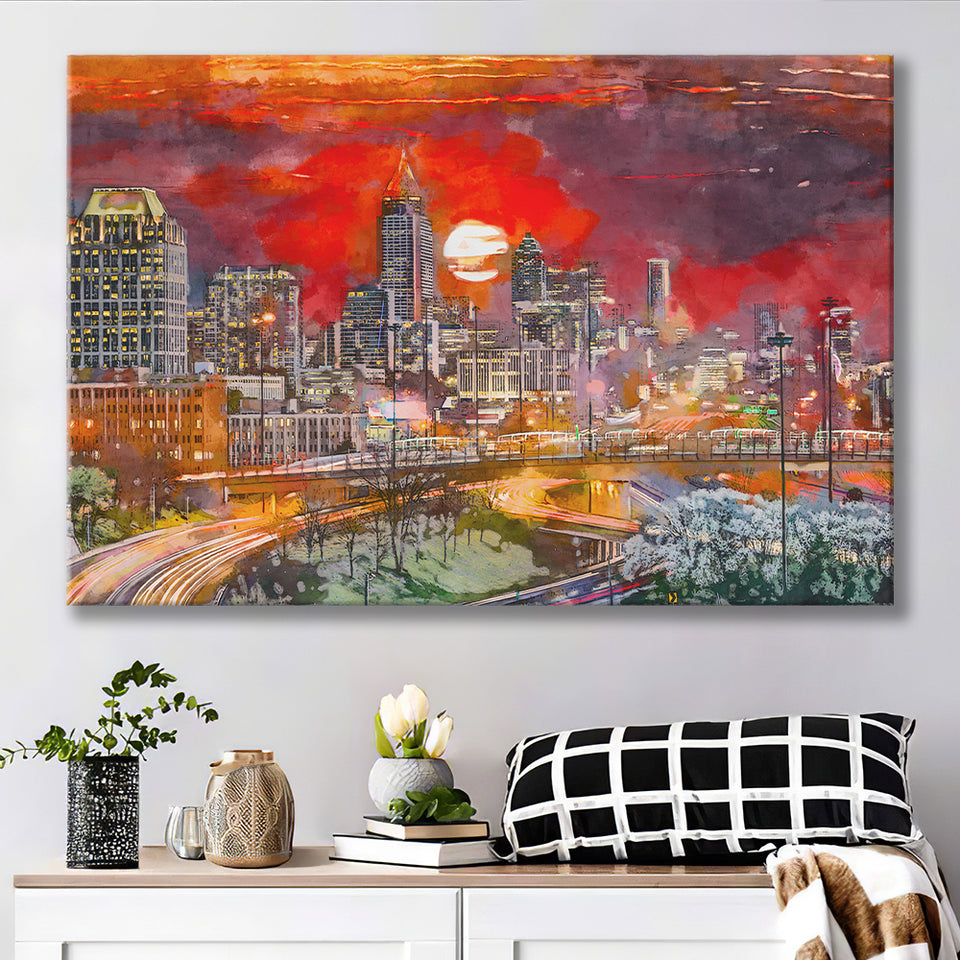 Atlanta Georgia Usa Downtown Skyline V3 City Art Watercolor Canvas Prints Wall Art Home Decor, Large Canvas
