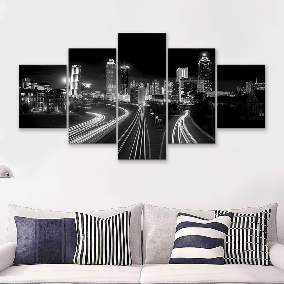 Atlanta Skyline At Night High Contrast Black And White 5 Pieces Canvas Prints Wall Art - Painting Canvas, Multi Panels, Wall Decor