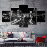 Atlanta Skyline At Night High Contrast Black And White 5 Pieces Canvas Prints Wall Art - Painting Canvas, Multi Panels, Wall Decor