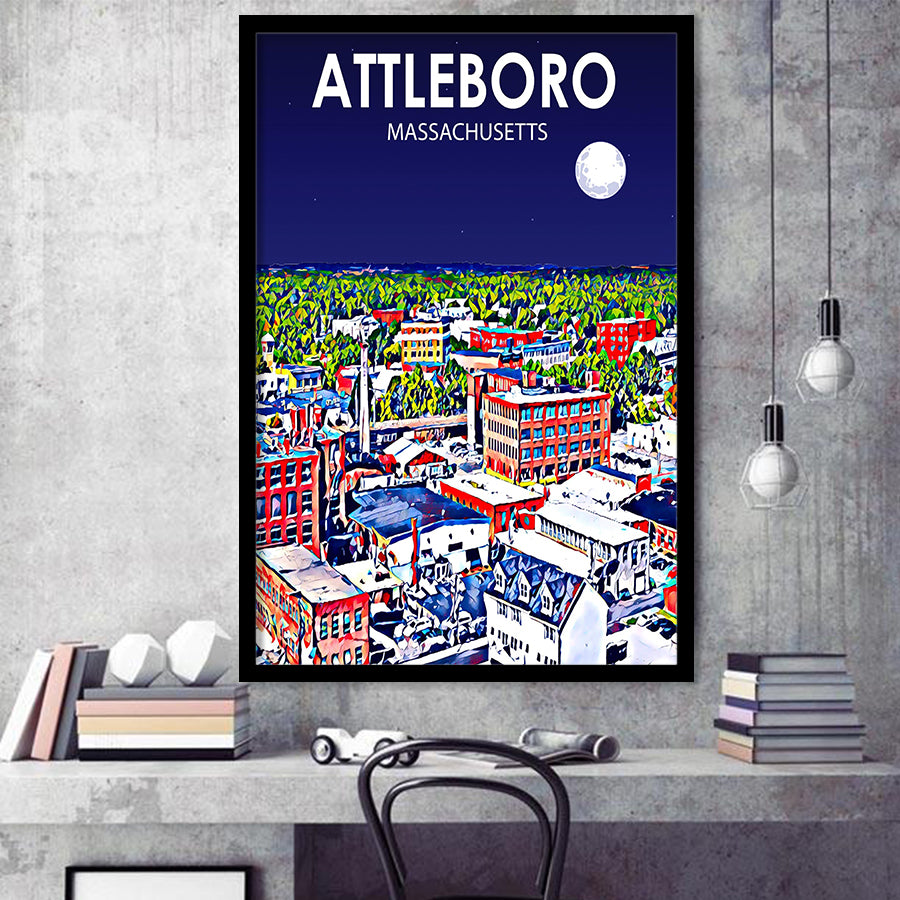 Attleboro Massachusetts Night Landscape, City Art Print, Framed Art Print Wall Art Home Decor, Framed Picture