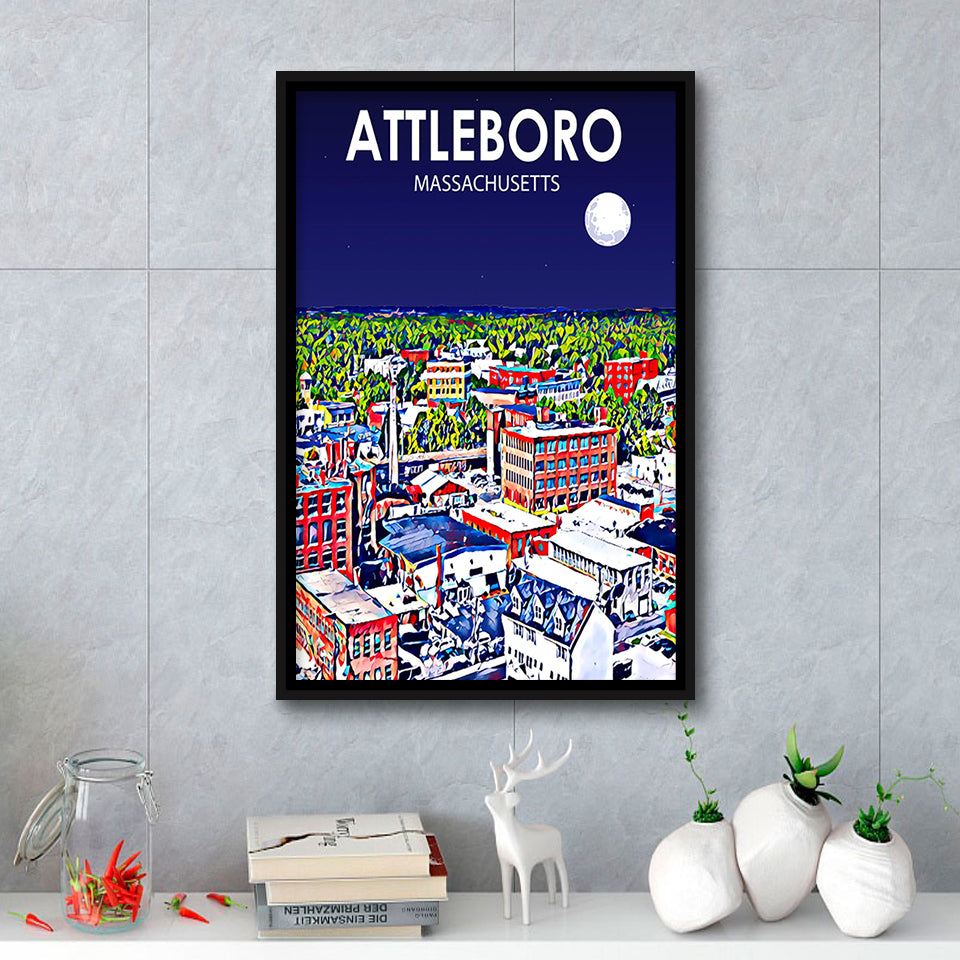 Attleboro Massachusetts Night Landscape, Large Canvas, Framed Canvas Print Wall Art Home Decor, Floating Frame