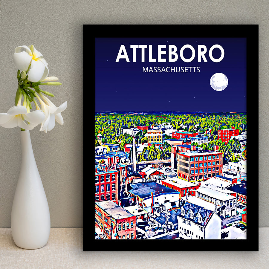 Attleboro Massachusetts Night Landscape, City Art Print, Framed Art Print Wall Art Home Decor, Framed Picture