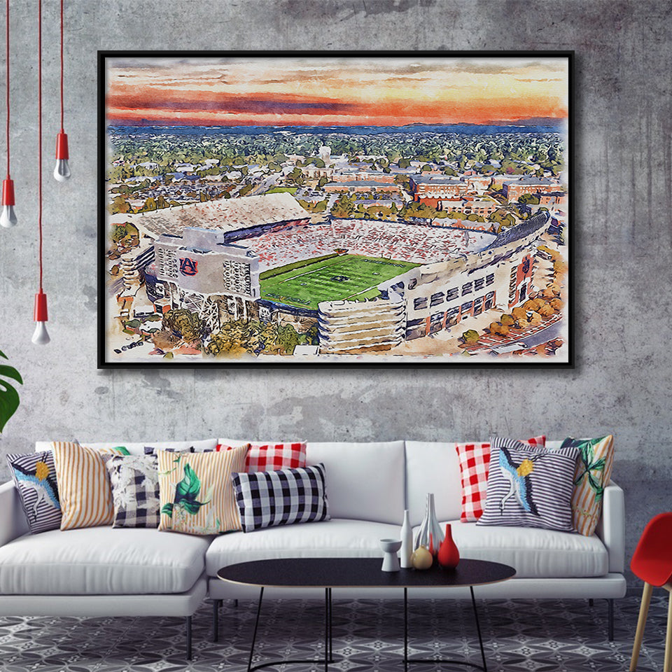 Auburn Tigers Jordan Hare Stadium Watercolor, Sport Art Prints Fan Gift, Framed Canvas Prints Wall Art Decor