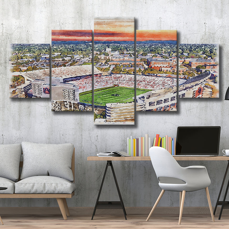 Auburn Tigers Jordan Hare Stadium Watercolor, 5 Pieces, Multi Panel Canvas Prints Wall Art Decor