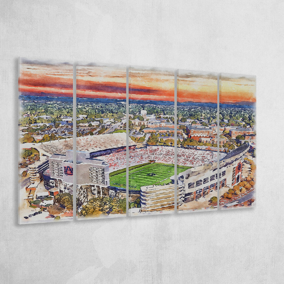 Auburn Tigers Jordan Hare Stadium Watercolor, 5 Pieces B, Multi Panel Canvas Prints Wall Art Decor