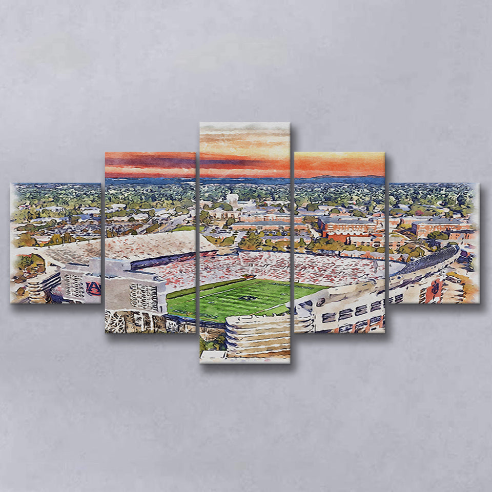 Auburn Tigers Jordan Hare Stadium Watercolor, 5 Pieces, Multi Panel Canvas Prints Wall Art Decor