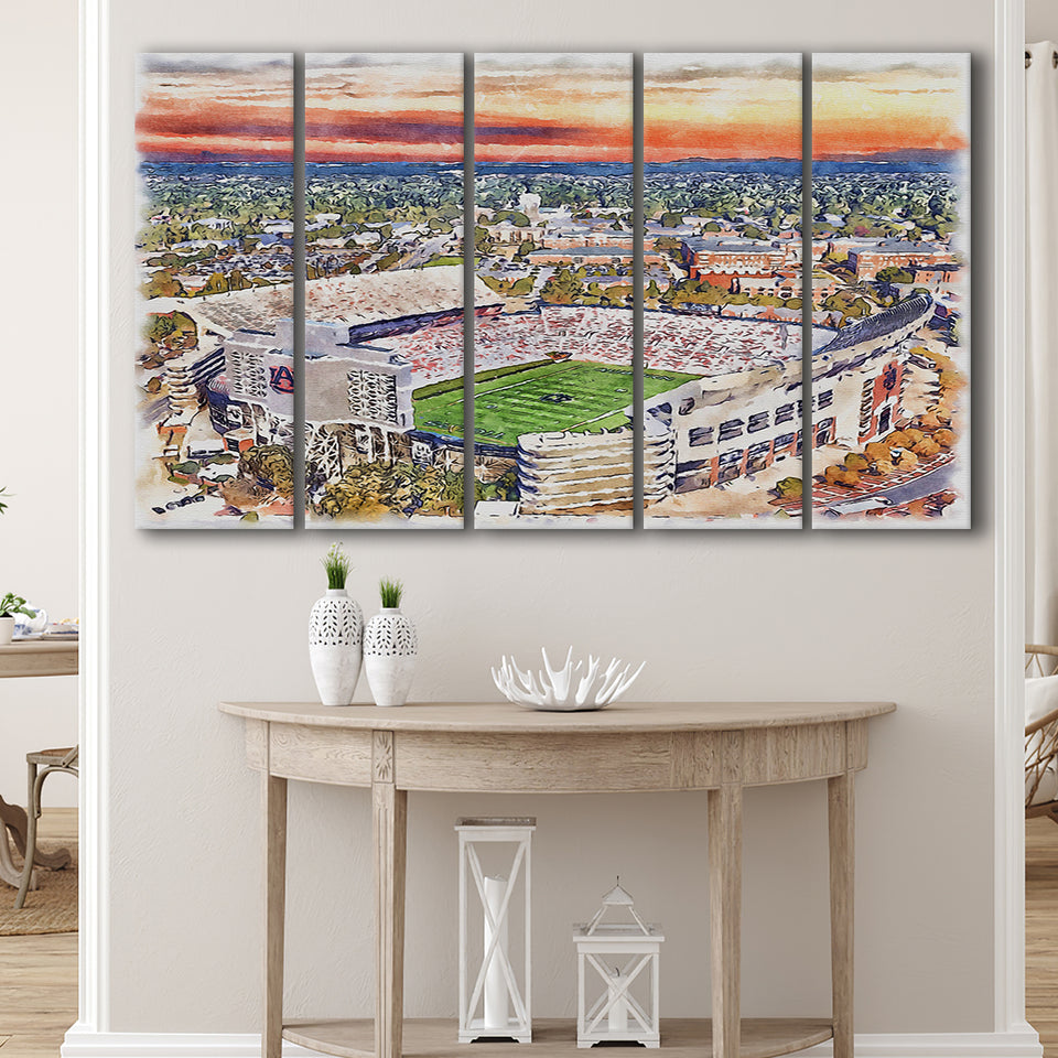 Auburn Tigers Jordan Hare Stadium Watercolor, 5 Pieces B, Multi Panel Canvas Prints Wall Art Decor