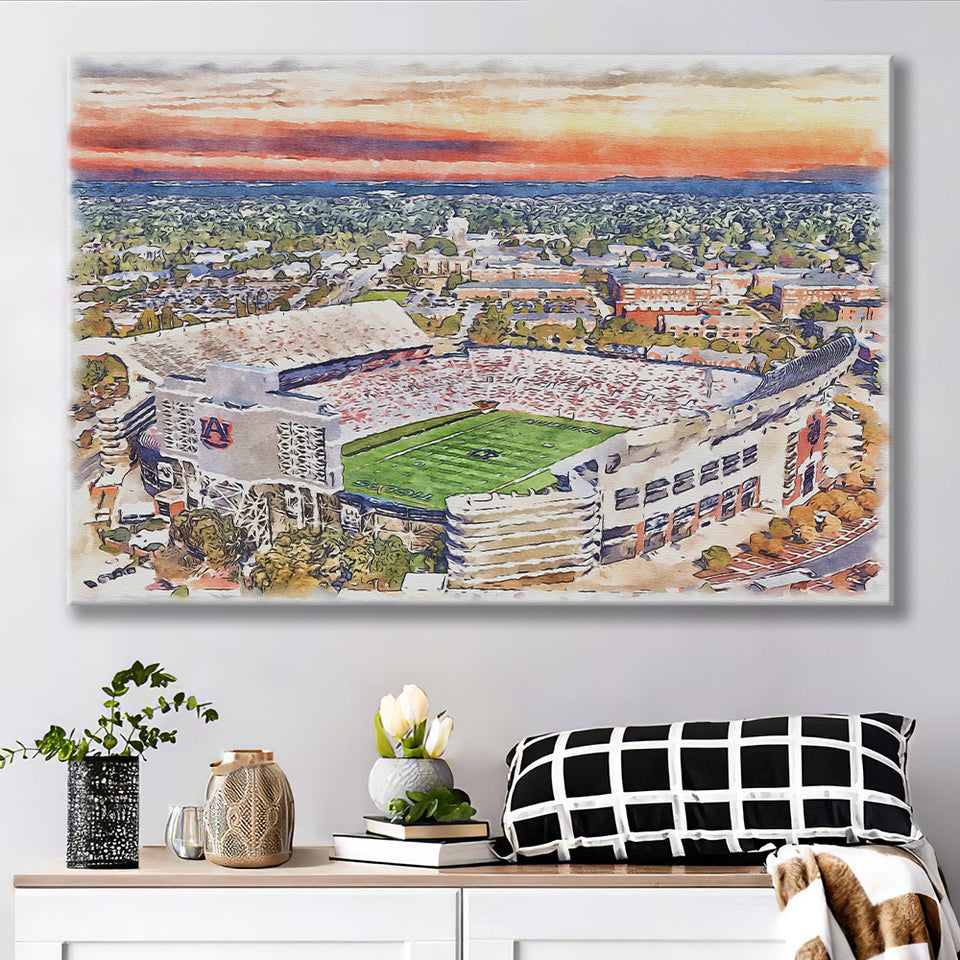 Auburn Tigers Jordan Hare Stadium Watercolor, Sport Art Prints Fan Gift, Canvas Prints Wall Art Decor