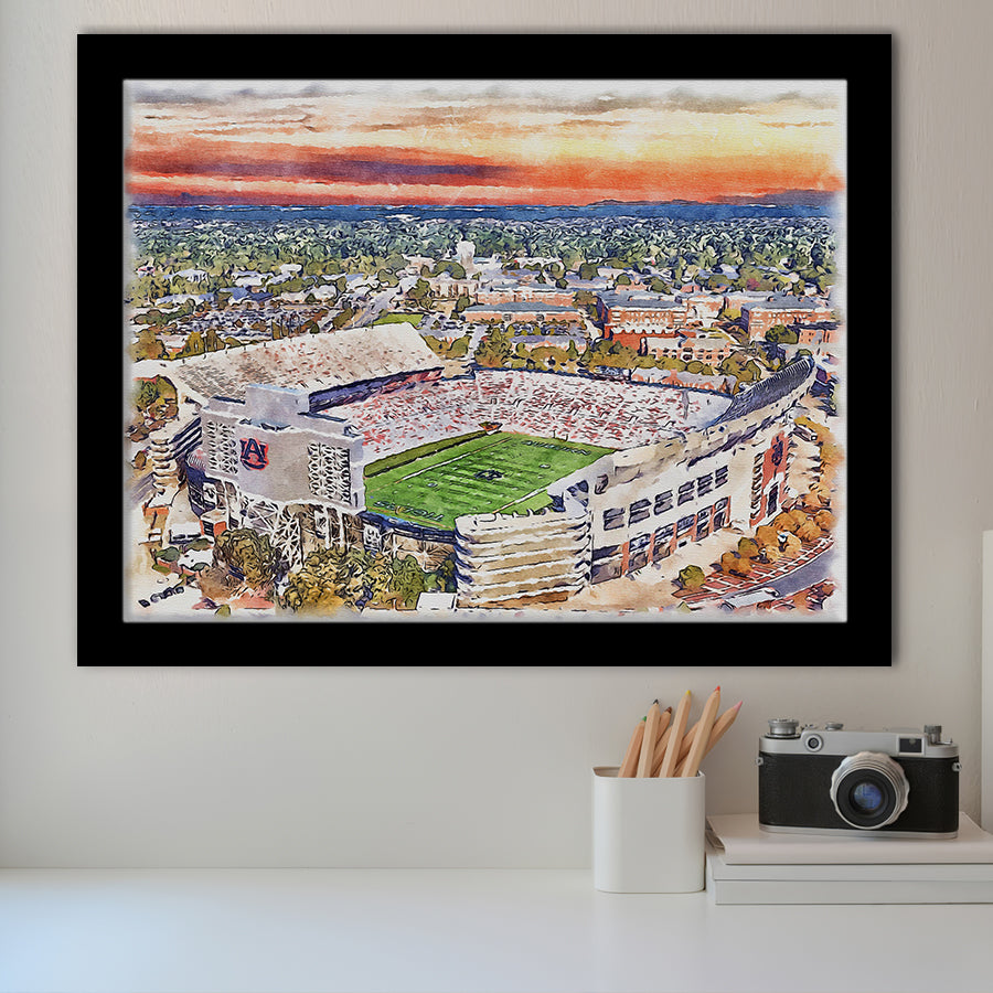 Auburn Tigers Jordan Hare Stadium Watercolor, Sport Prints Fan Gift, Framed Art Prints Wall Art Decor