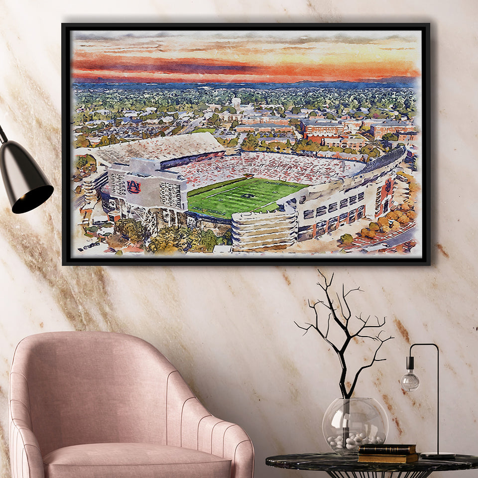 Auburn Tigers Jordan Hare Stadium Watercolor, Sport Art Prints Fan Gift, Framed Canvas Prints Wall Art Decor