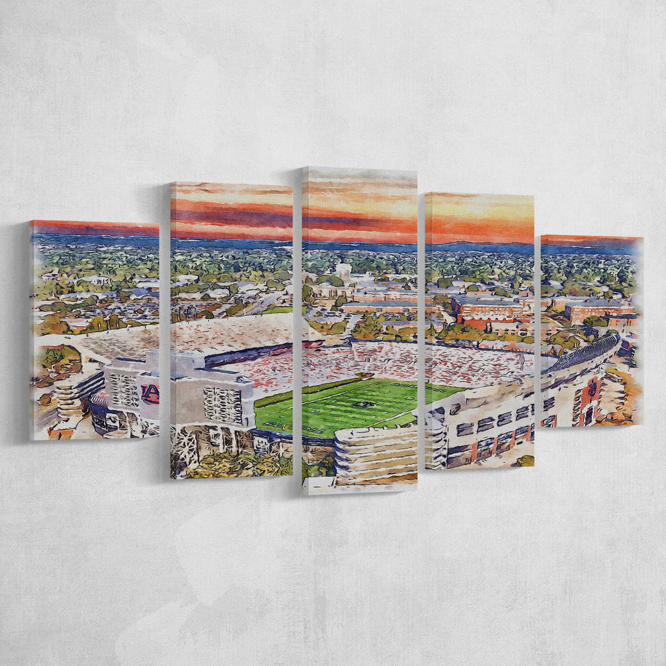 Auburn Tigers Jordan Hare Stadium Watercolor, 5 Pieces, Multi Panel Canvas Prints Wall Art Decor