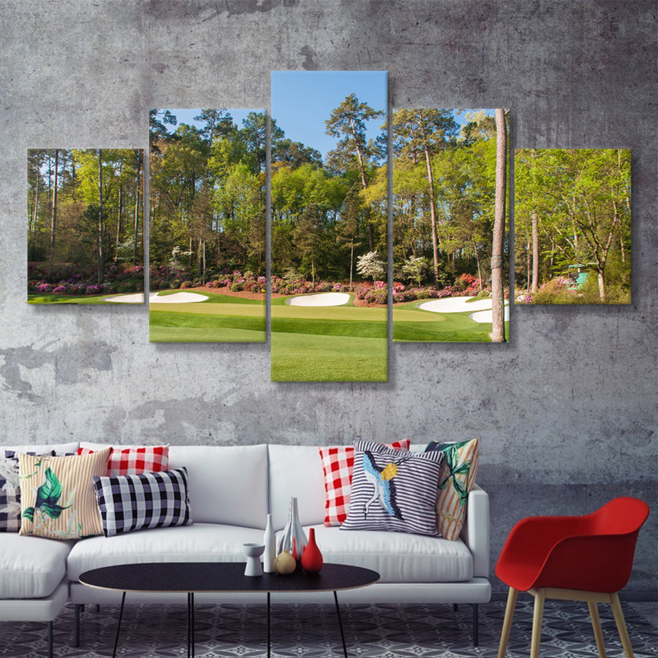 Augusta Golf Course Hole 13 Framed 5 Piece Canvas Prints Wall Art - Painting Prints, Wall Decor,Multi Panel