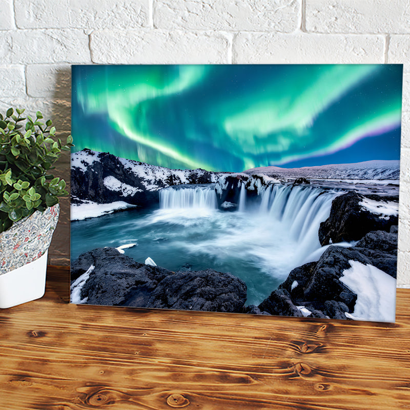 Aurora Borealis Over Godafoss Waterfall In Iceland Canvas Wall Art - Canvas Prints, Prints For Sale, Painting Canvas,Canvas On Sale 