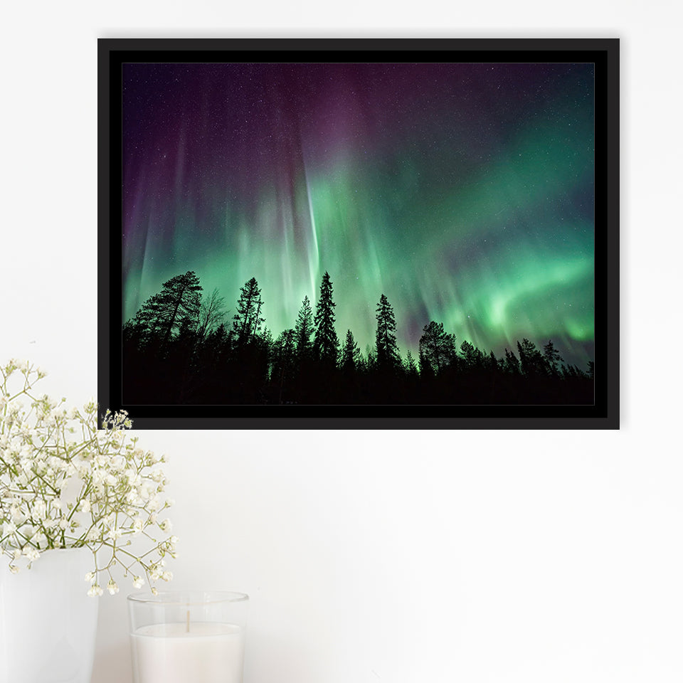 Aurora Polaris Winter Forest Canvas Art, Northern Lights Photo Framed Canvas Prints Wall Art Decor, Black Floating Frame