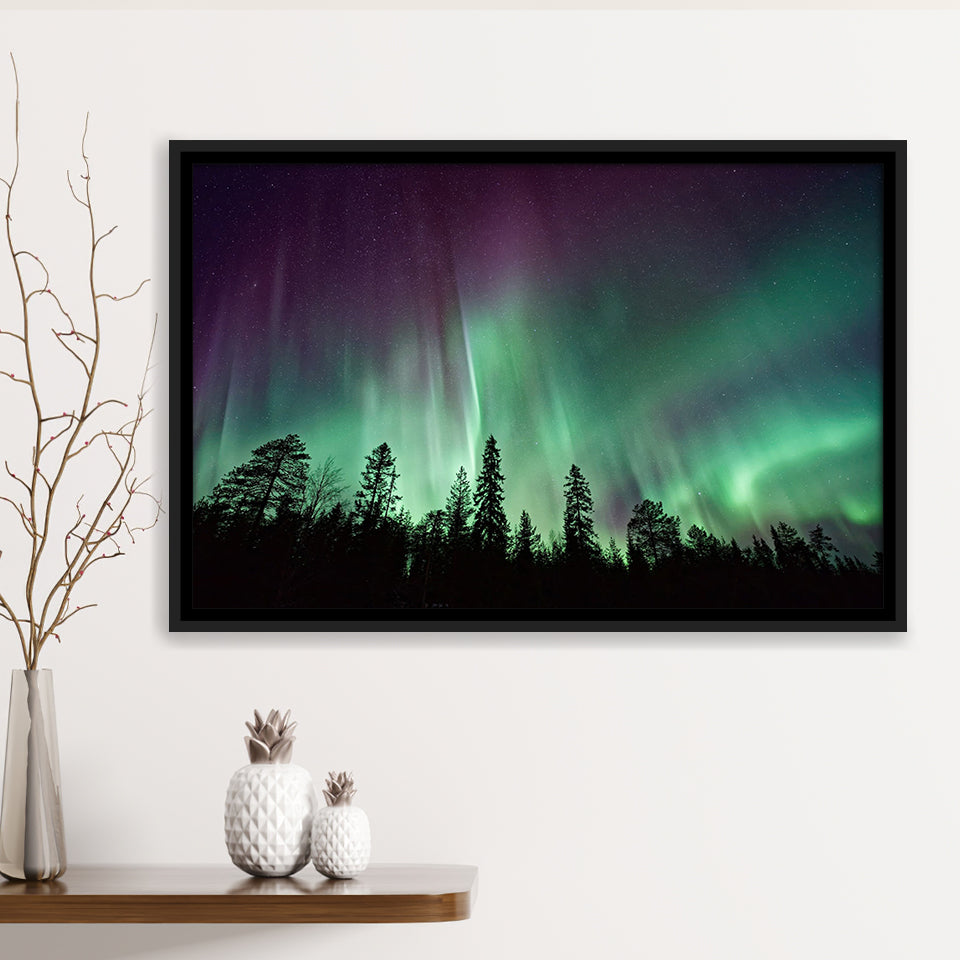 Aurora Polaris Winter Forest Canvas Art, Northern Lights Photo Framed Canvas Prints Wall Art Decor, Black Floating Frame