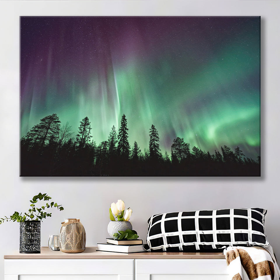 Aurora Polaris Winter Forest Canvas Art, Northern Lights Photo Canvas Prints Wall Art Decor - Painting Canvas, Ready to hang