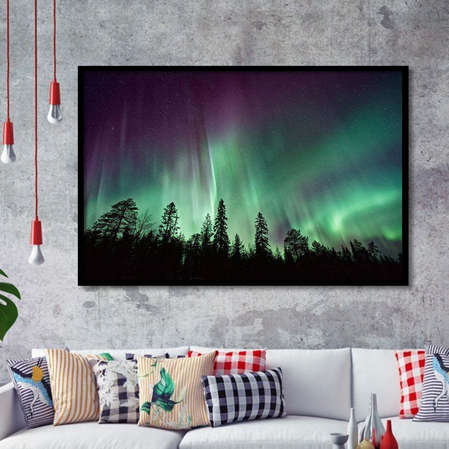 Aurora Polaris Winter Forest Art, Northern Lights Photo Framed Art Prints Wall Art Decor,Black Frame, Ready to hang