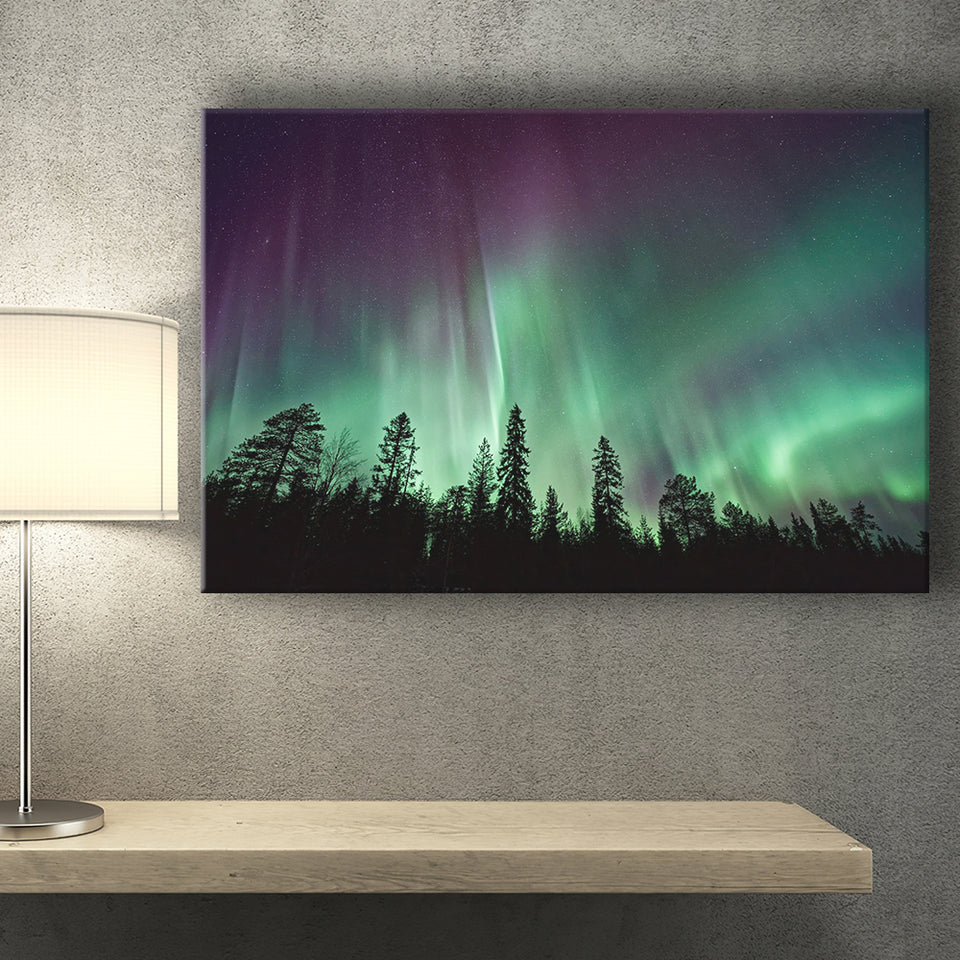 Aurora Polaris Winter Forest Canvas Art, Northern Lights Photo Canvas Prints Wall Art Decor - Painting Canvas, Ready to hang