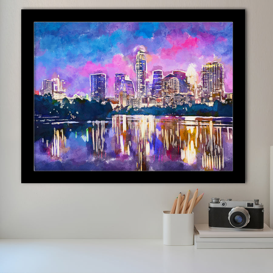 Austin Texas Usa Downtown Skyline On V1 City Art Watercolor Framed Art Prints Wall Art Decor,Framed Picture