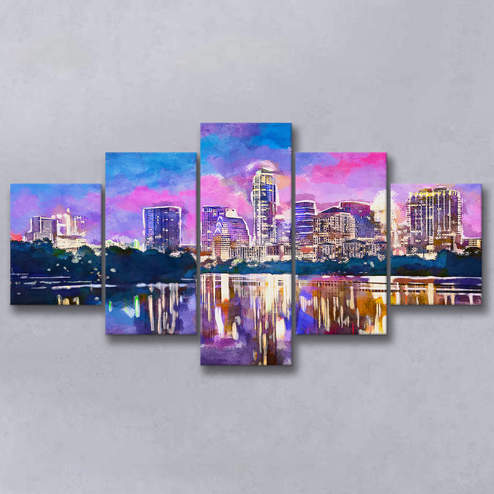 Austin Texas Usa Downtown Skyline On V1 5 Pieces Mixed Canvas Prints Wall Art Home Decor