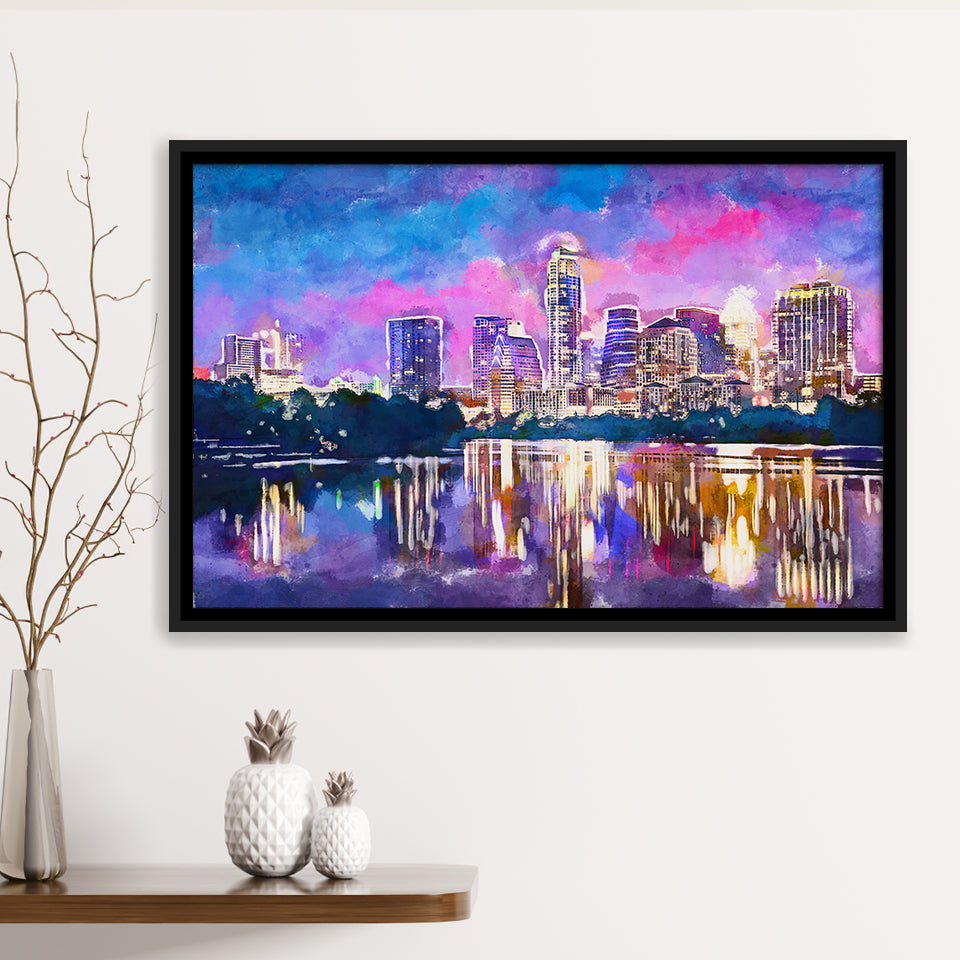 Austin Texas Usa Downtown Skyline On V1 City Art Watercolor Framed Canvas Prints Wall Art Home Decor,Floating Frame