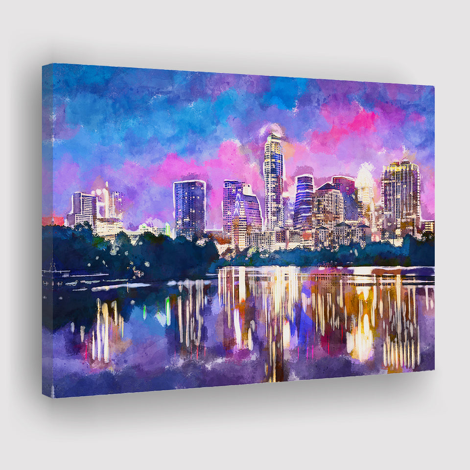 Austin Texas Usa Downtown Skyline On V1 City Art Watercolor Canvas Prints Wall Art Home Decor, Large Canvas